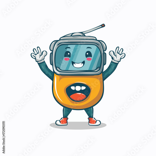 Cute cartoon robot waving hands with a happy and excited expression on its face, perfect for technology and fun content