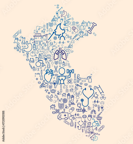 Map of Peru formed by icons related to medicine and healthcare system. SUS. Public healthcare. America	