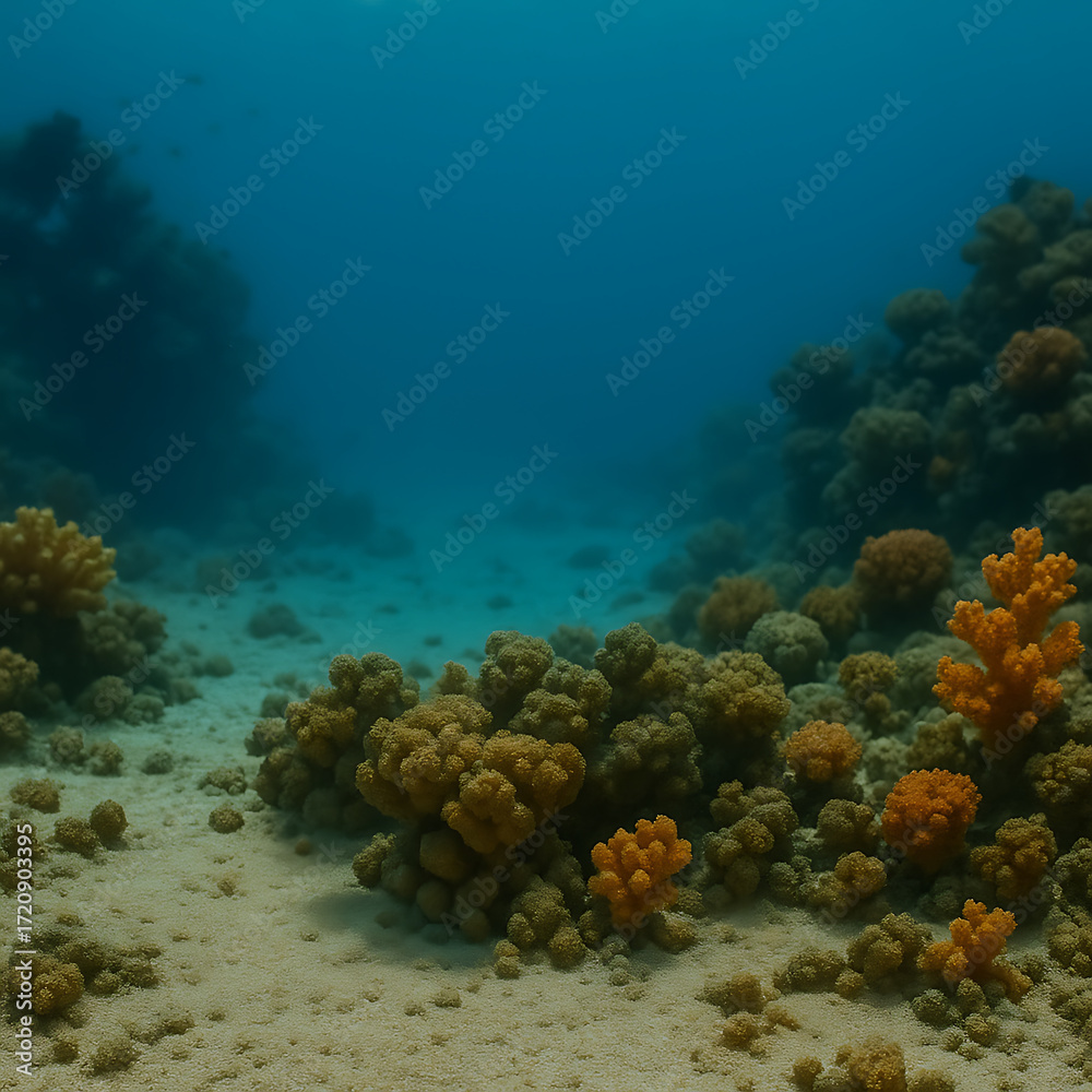 Naklejka premium Panoramic underwater view with ship in a glass bottle on sandy seafloor, surrounded by coral reef and tropical fish, with sunlight beams streaming through the clear ocean water