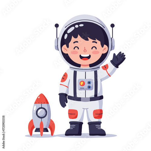 A cheerful little boy dressed as an astronaut waves happily while standing next to a vibrant stylized rocket toy, presented as a clean 2D flat vector illustration on a white background.