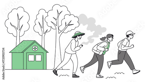 Cartoon Illustration of People Evacuating from a Green First Aid Station