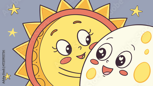 Cartoon Sun with Eyelashes and Moon with Spots Smiling Together