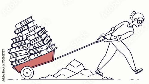Cartoon Woman Pulling Wagon Overflowing with Books Over Rocky Terrain