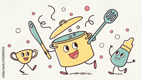 Cheerful Kitchen Utensils Dancing and Celebrating with Joyful Expressions
