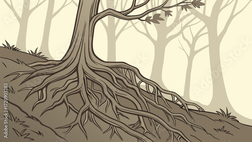 Cartoon Tree with Exposed Roots on a Hillside in a Forest Illustration