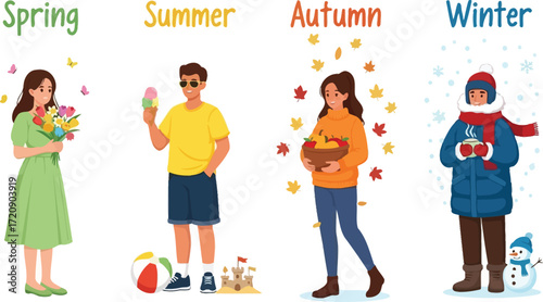 Illustration of four seasons with people and seasonal elements representing each season nicely
