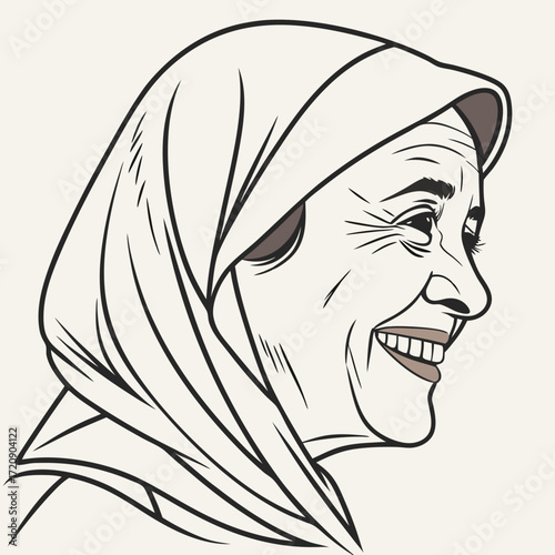 Smiling Elderly Woman Wearing Headscarf in Profile Joyful Expression