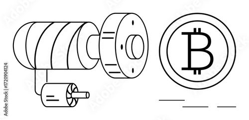 Mining hardware setup with cylindrical equipment and Bitcoin logo, representing cryptocurrency extraction. Ideal for finance, technology, blockchain, data systems, innovation, business, futuristic