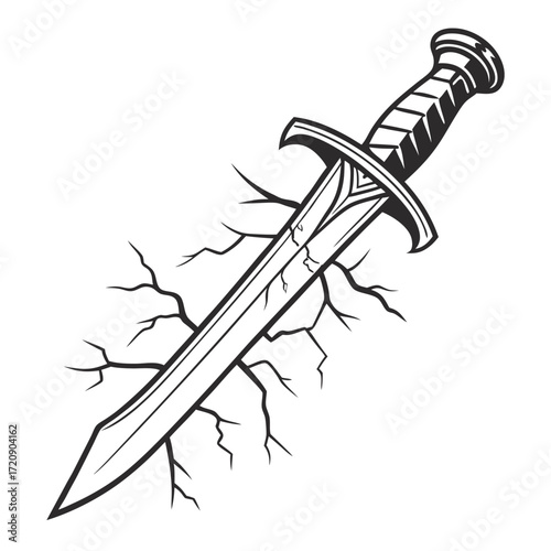 Stylized Sword with Cracks Black and White Vector Illustration