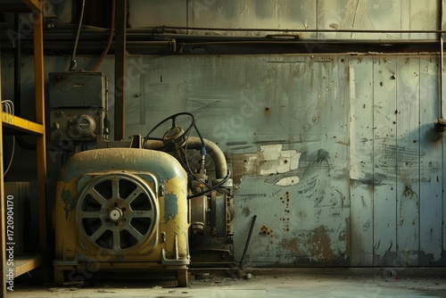Old rusty machinery abandoned in decaying factory setting, showing signs of age and disuse