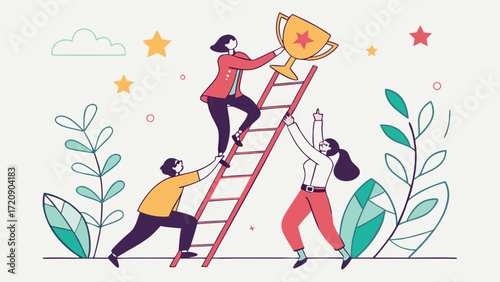 Teamwork and Achievement Reaching the Golden Trophy Together