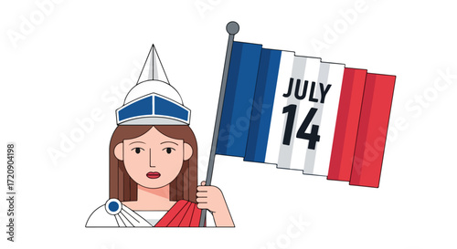 Celebrating Bastille Day: A stylized illustration of Marianne holding the French flag for a joyful commemoration