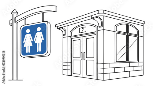 Womens restroom sign and building illustration with architectural details