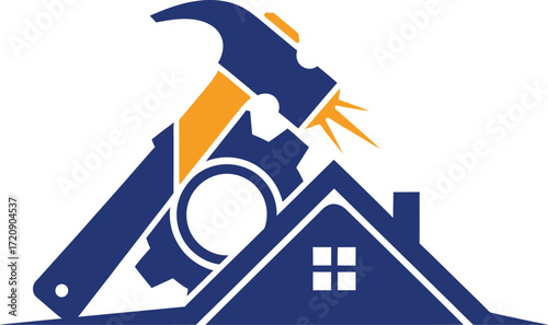 A logo displaying a hammer, gear, and house outline in blue and orange on a white background