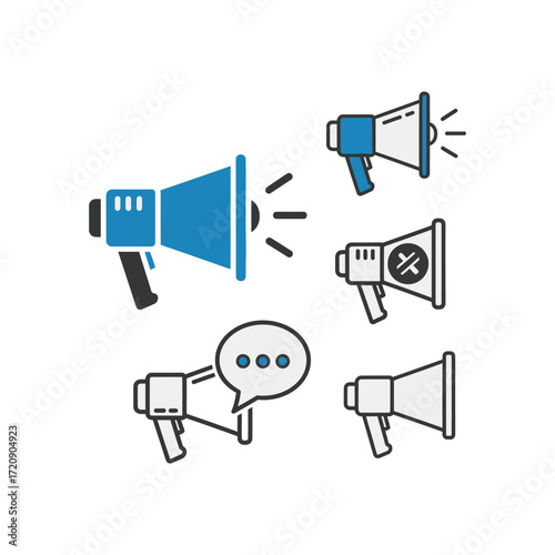 A collection of stylized megaphone and loudspeaker icons, illustrating concepts of announcement, communication, and public address.