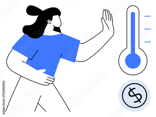 Woman gesturing stop near thermometer and currency, visualizing financial limits, budget setting, cost control, value assessment, personal finance, decision-making, and economic planning. A simple