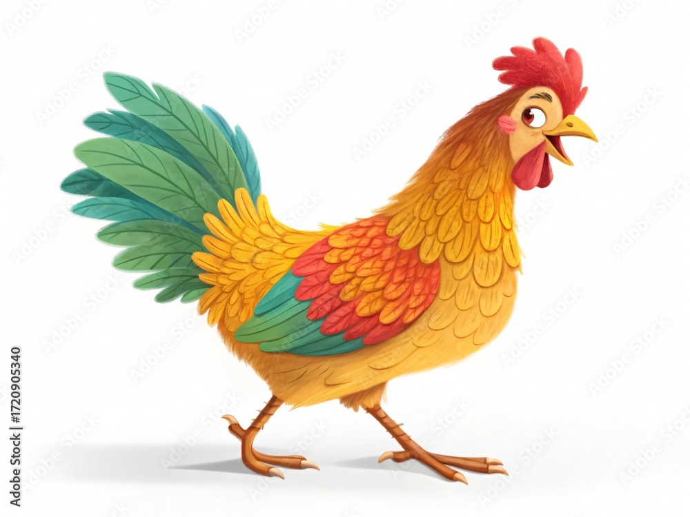 Fototapeta premium Cheerful Cartoon Rooster Illustration Colorful Farm Animal Bright Feathers Walking Rooster