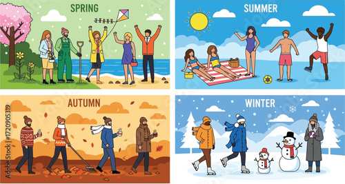 Illustration showing people enjoying activities during the four seasons of the year