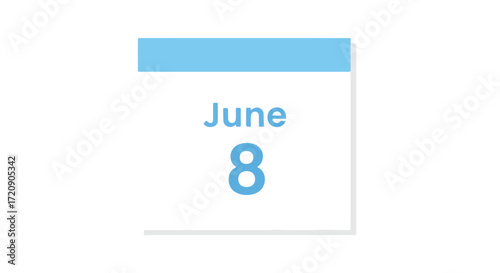 Aesthetic calendar icon isolated indicating June 8th marked in a light blue hue on a white background