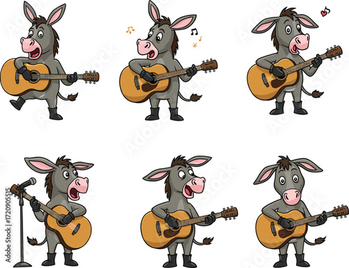 Cartoon donkey playing guitar, funny musical animal, cute donkey musician illustration, happy singing donkey art, adorable farm animal music performance character