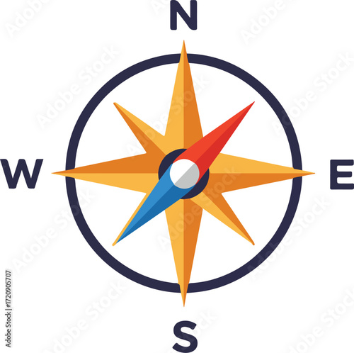 Compass rose showing north, south, east, and west. Ideal for navigation, travel, maps, geography, education, and directionoriented design projects.