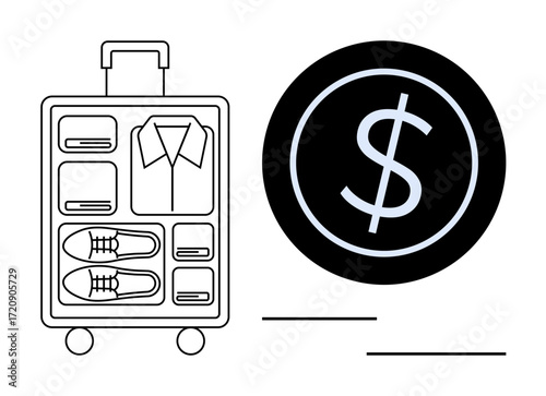 Organized suitcase with folded clothes and shoes alongside dollar sign. Ideal for travel budget, savings, finance, packing tips, trip planning, business, simplicity. Clean flat metaphor