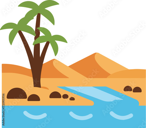 Desert oasis with palm trees, sandy dunes, rocks, and water. Ideal for travel publications, tourism ads, or naturethemed designs.