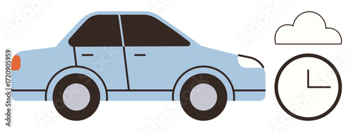 Blue car alongside a clock and cloud, symbolizing time, weather, and mobility. Ideal for car rental, ride-sharing, scheduling, eco-travel logistics auto services and smart mobility. Simple flat