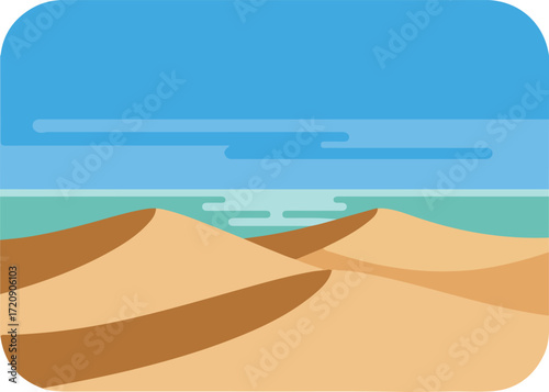 Sand dunes meeting the sea under a sunny sky, perfect for travel brochures, tourism websites, coastal advertisements, beach themes.