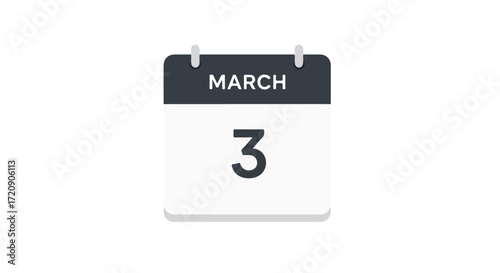 Stylized minimalistic calendar icon illustration showing March third against clear backdrop providing design element for creative projects