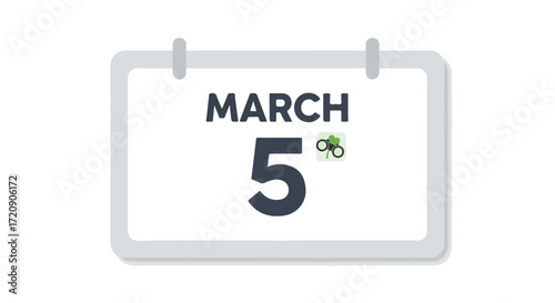 Calendar notification on march 5th with a stylized shamrock icon for an event reminder or a celebration 5th of march