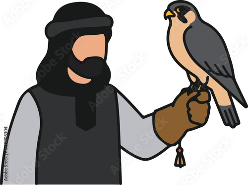 Traditional arabian dressed man with falcon on gloved hand. Suitable for travel, culture, diversity, wildlife, and traditional arabian concepts.