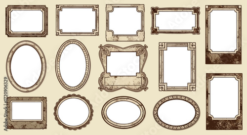 A collection of vintage frames in various shapes and sizes arranged on a light beige background surface