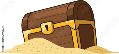 Treasure chest buried in sand dunes beach, perfect for summerthemed designs, childrens illustrations, and piratethemed projects.