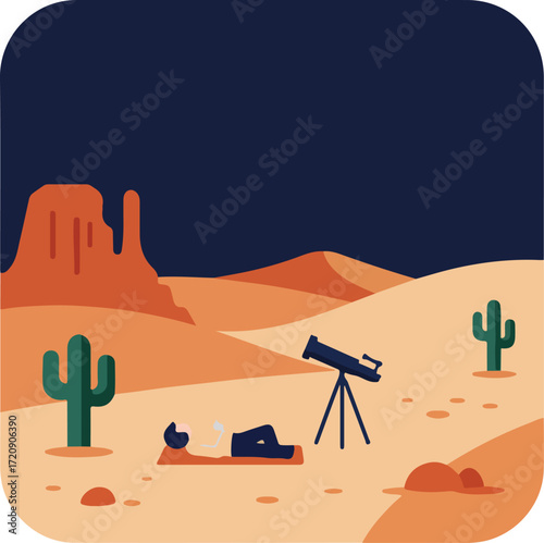 Person looks through a telescope in a desert at night. Suitable for astronomy, exploration, adventure, and celestial observation concepts.