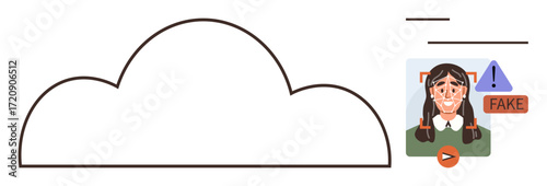 Cloud with face recognition warning alert for fake content detection. AI analytics, cybersecurity, identity check, fraud prevention, data protection, digital safety, simple flat metaphor