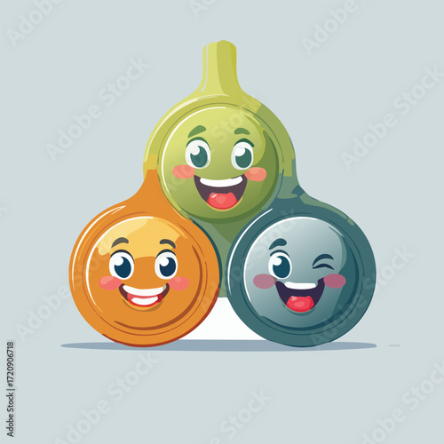 Friendly smiling cartoon fruits forming a whimsical design on a light grey background, representing teamwork and positive relationships