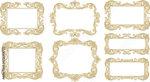 Collection of six ornate golden frames with floral and scroll designs on a white background