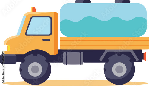 Cartoonstyle yellow truck transporting water tank. Ideal for kids illustrations, educational materials, transportationthemed designs, and cute graphics.