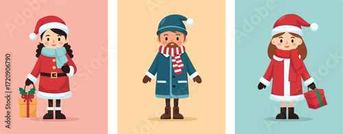 Three christmas themed illustrations of children with gifts and festive holiday attire in square frames