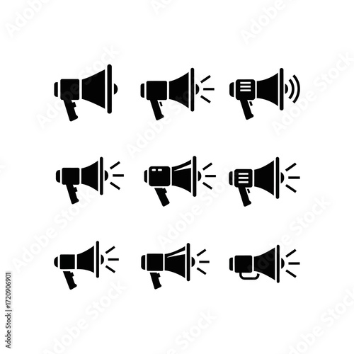 Nine variations of a megaphone icon, showcasing different angles and sound wave representations.