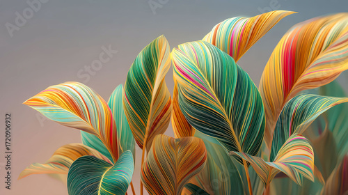 A colorful plant with green and yellow leaves. The leaves are arranged in a way that creates a sense of movement and energy. The colors of the leaves are vibrant and eye-catching