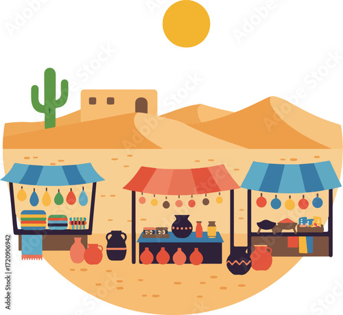 Desert market stalls under bright sun suitable for travel blogs, websites, tourism brochures, and advertising promoting markets in sandy landscapes.