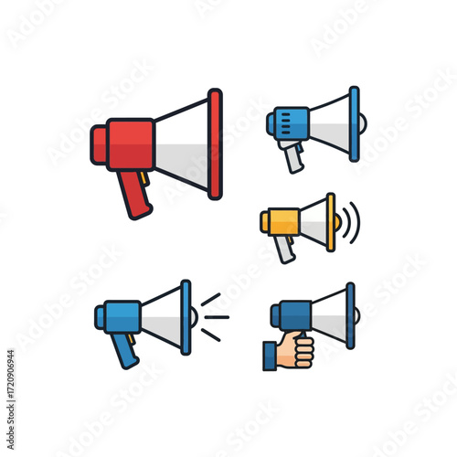 A collection of colorful flat design megaphone icons for broadcasting, alerts, and public speaking.