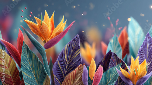 A colorful field of flowers with a blue sky in the background. The flowers are of various colors and sizes, and they are arranged in a way that creates a sense of depth and movement