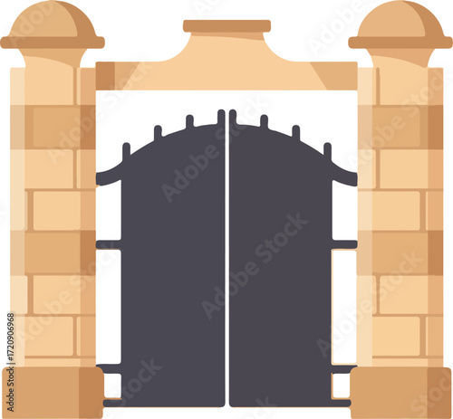 Closed black wrought iron gate with stone pillars frame. Ideal for architectural, security, or privacythemed designs and concepts.