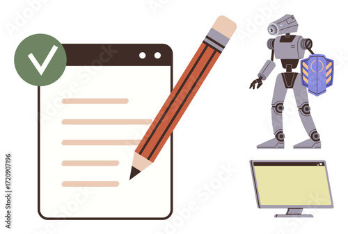 Checklist marked complete, pencil, futuristic robot, and computer screen portray AI integration, automation, and productivity enhancement. Ideal for AI, robotics, automation productivity teamwork