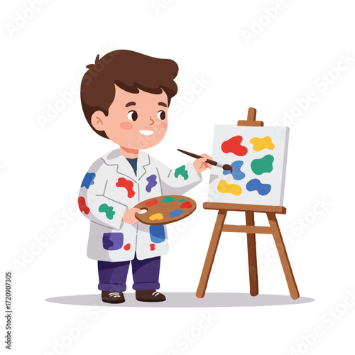 A vibrant 2D flat vector illustration captures a creative little boy in an artist's smock, holding a paint brush and palette, painting a colorful abstract artwork on an easel.