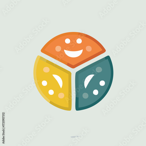 Cute smiling face in a circle divided into three colorful sections, representing joy and happiness