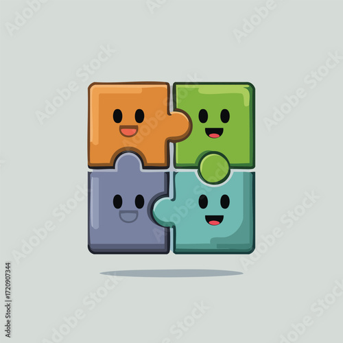 Four colorful jigsaw puzzle characters with happy expressions forming a square. A vector icon symbolizing collaboration, connection, and problem-solving